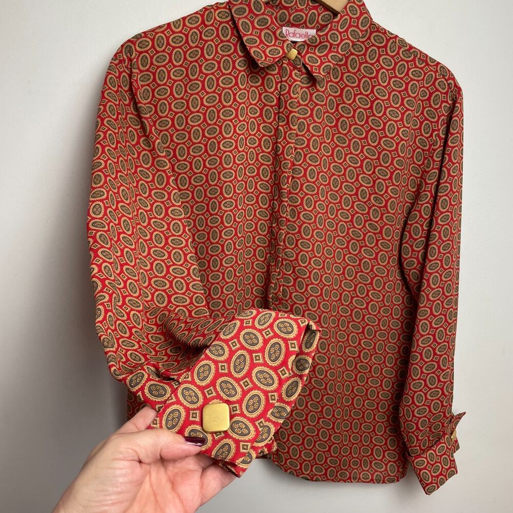 Vintage 80s Red Paisley Blouse Medium Office Secretary Gold Buttons Old Money